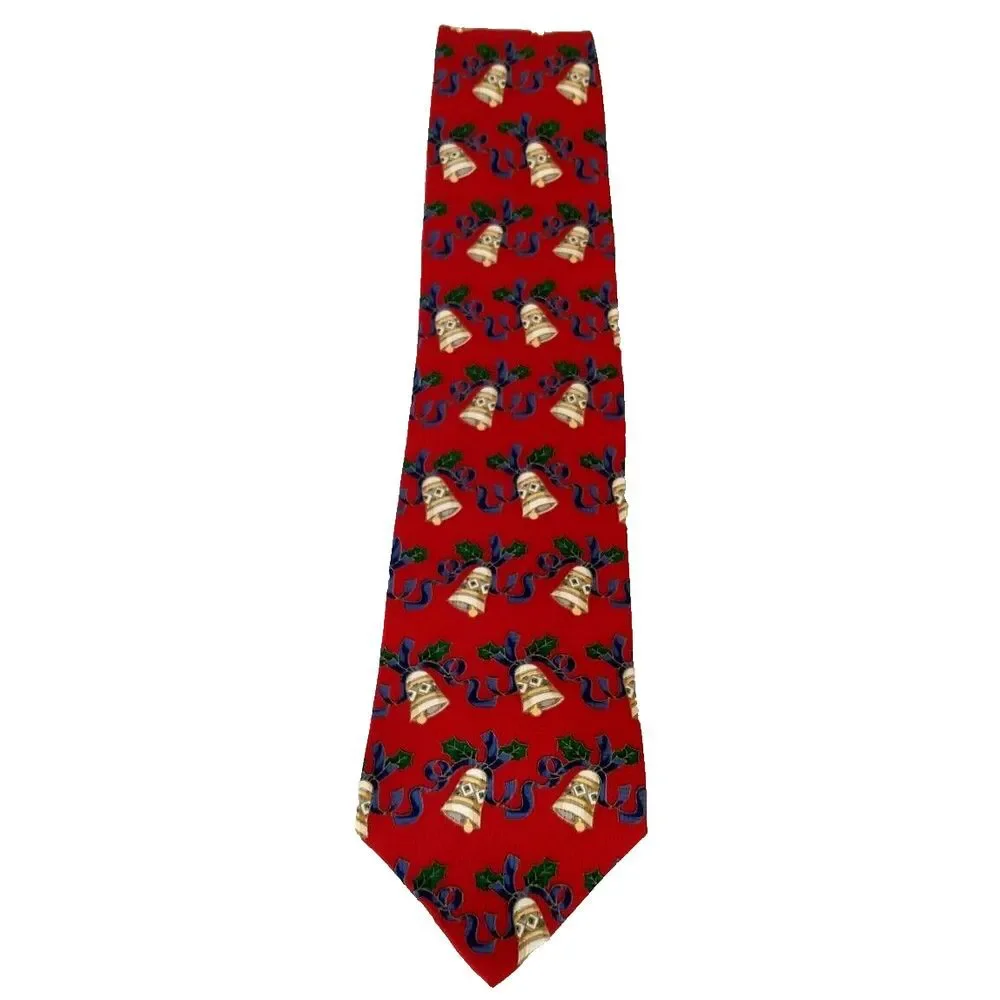 CLAYBROOKE 100% Silk‎ Red Neck Tie Christmas Collection Handmade Bells & Ribbon